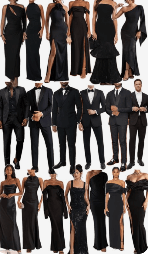 All-black black-tie moodboard of gowns and tuxedos